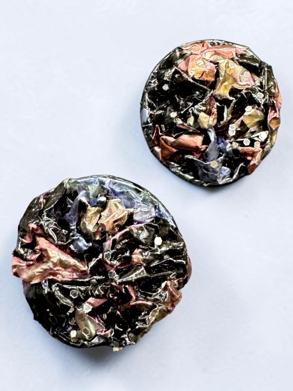 Vintage 1980s Pierced Earrings Round Resin Multicoloured Metallic Tones